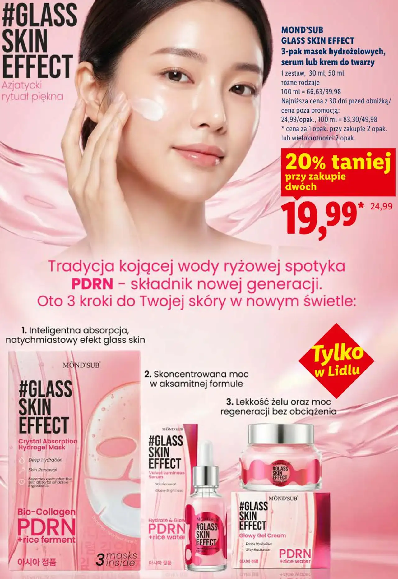 Mond'sub Glass Skin Effect 3-pak masek hydrożelowych, serum lub krem do twarzy