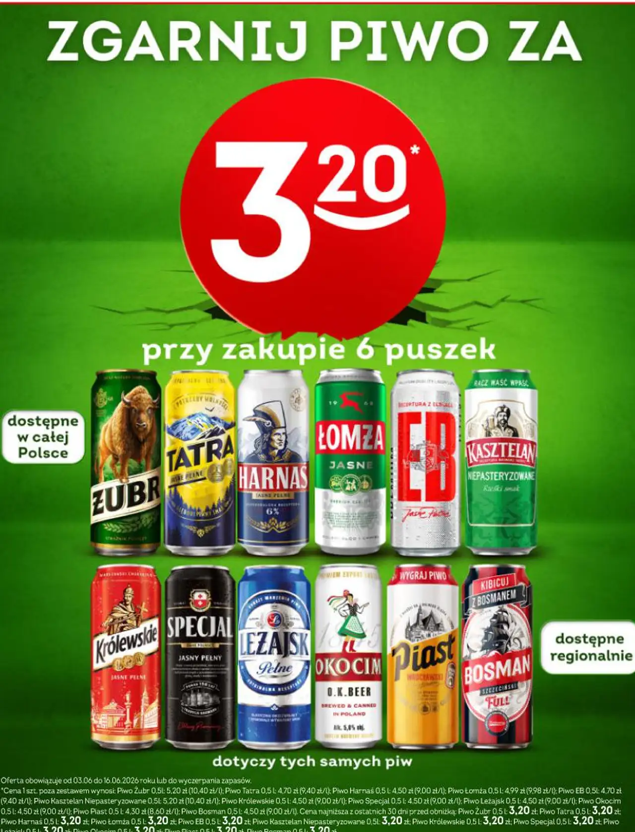 Wybrane piwa w puszce (Żubr, Tatra, Harnaś, Łomża, EB, Kasztelan, Królewskie, Specjal, Leżajsk, Okocim, Piast, Bosman)