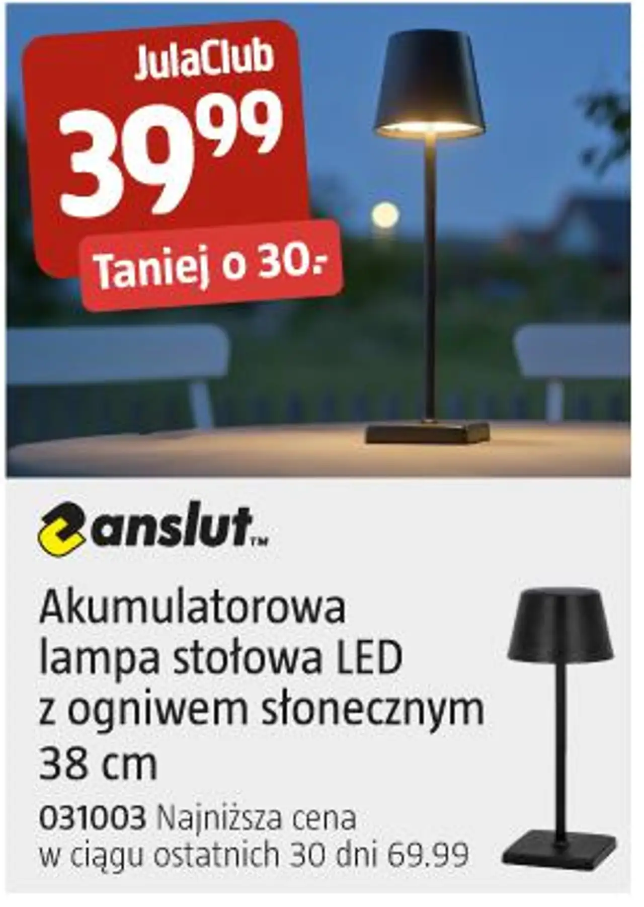 Anslut Akumulatorowa lampa stołowa LED z ogniwem słonecznym 38 cm
