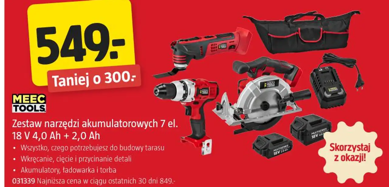 MEEC TOOLS Zestaw narzędzi akumulatorowych 7 el. 18 V 4,0 Ah + 2,0 Ah