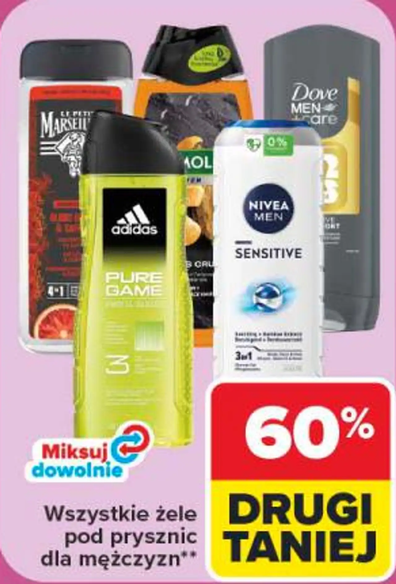 Wszystkie żele pod prysznic dla mężczyzn Le Petit Marseillais, Adidas, Nivea Men, Dove Men+Care