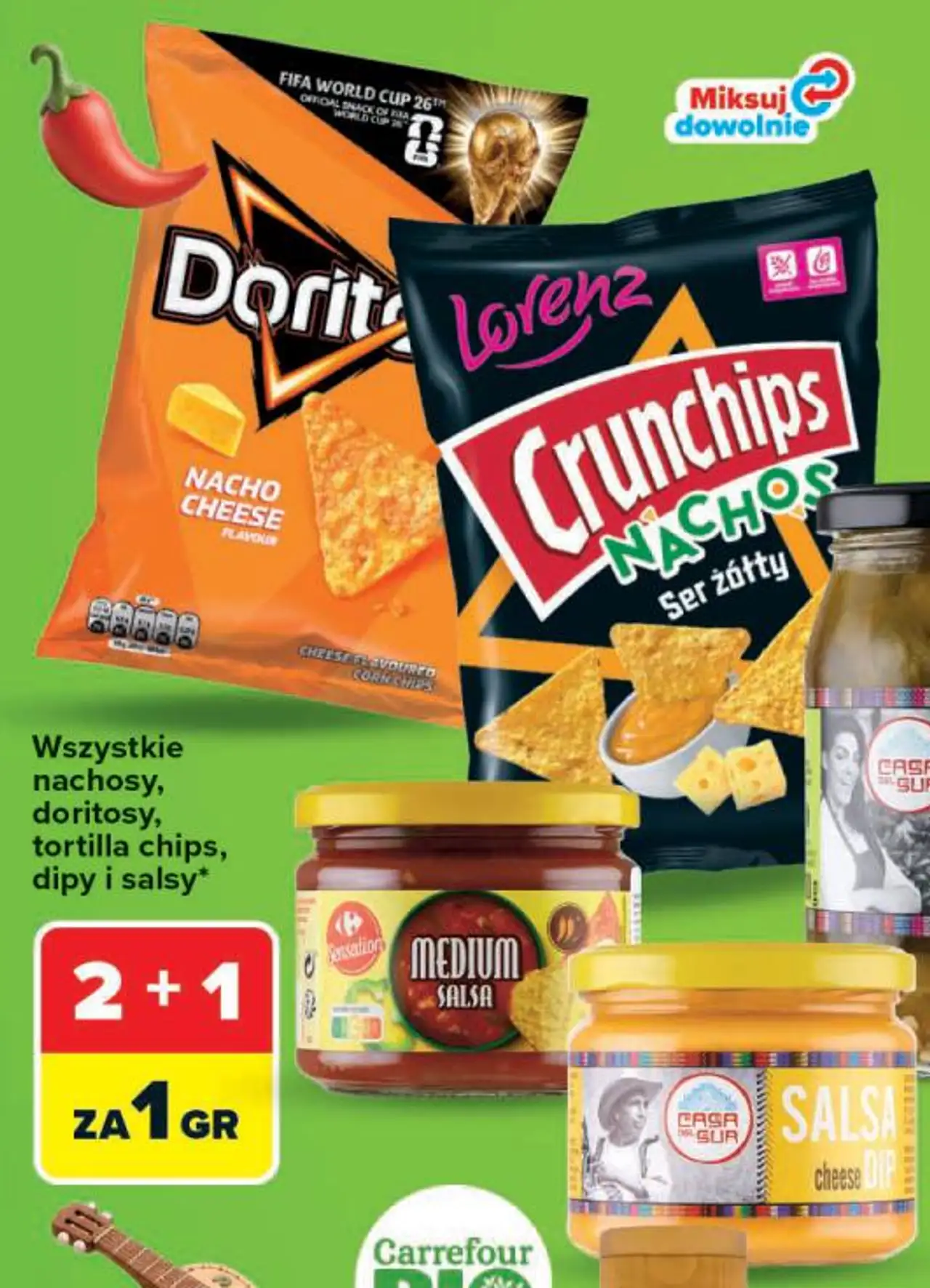 Wszystkie nachosy, doritosy, tortilla chips, dipy i salsy