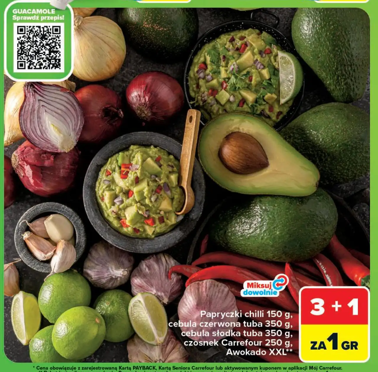 Papryczki chilli 150 g, cebula czerwona tuba 350 g, cebula słodka tuba 350 g, czosnek Carrefour 250 g, Awokado XXL