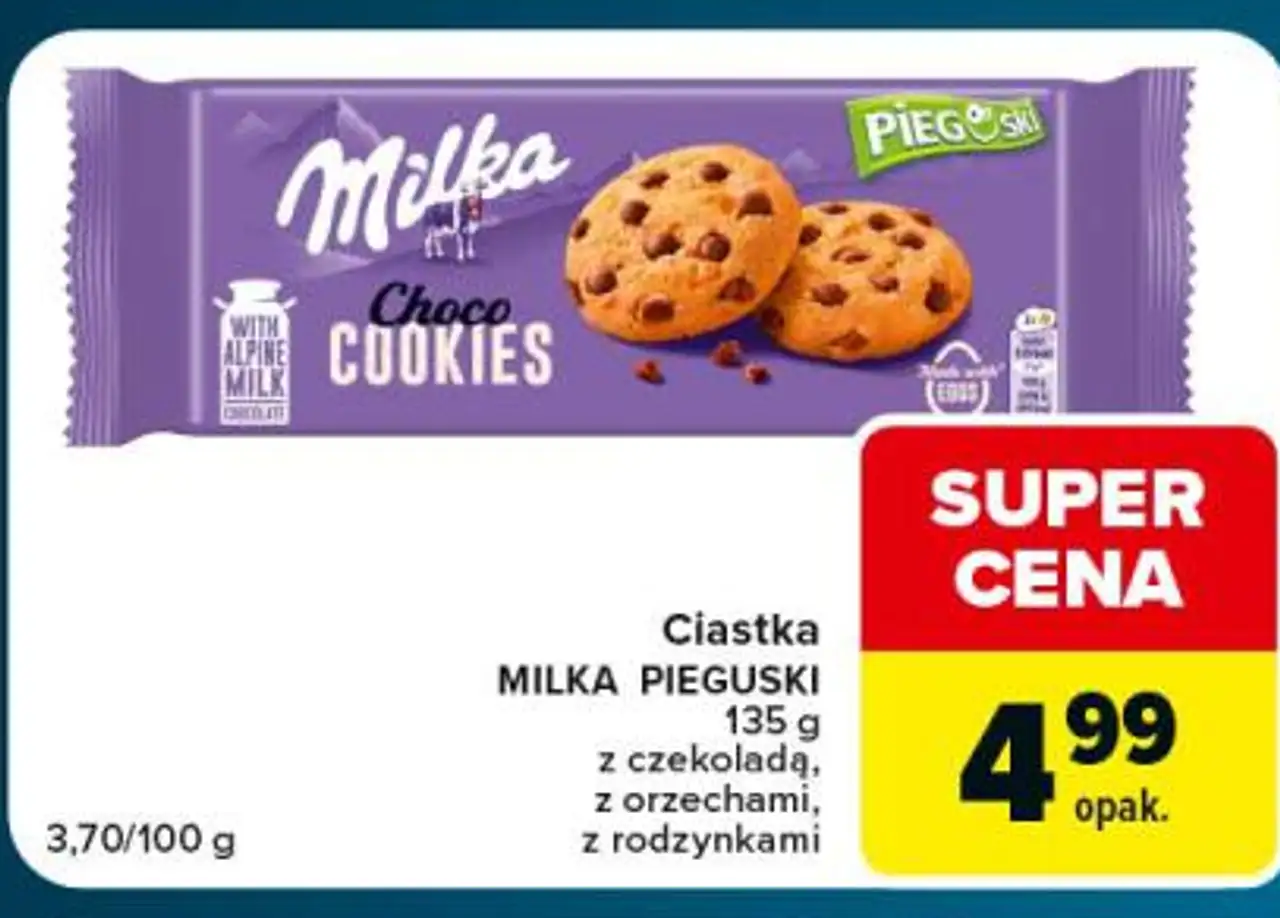 Milka Pieguski Ciastka z czekoladą, z orzechami, z rodzynkami