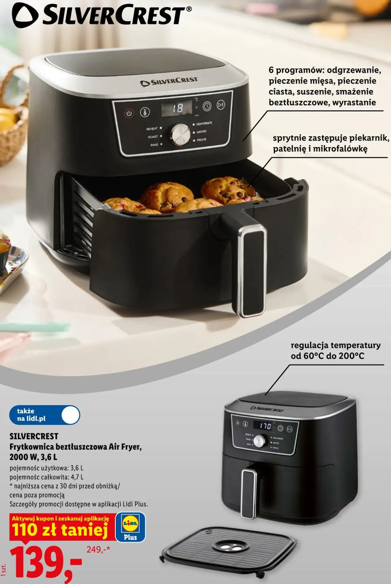 SILVERCREST Frytkownica beztłuszczowa Air Fryer, 2000 W, 3,6 L