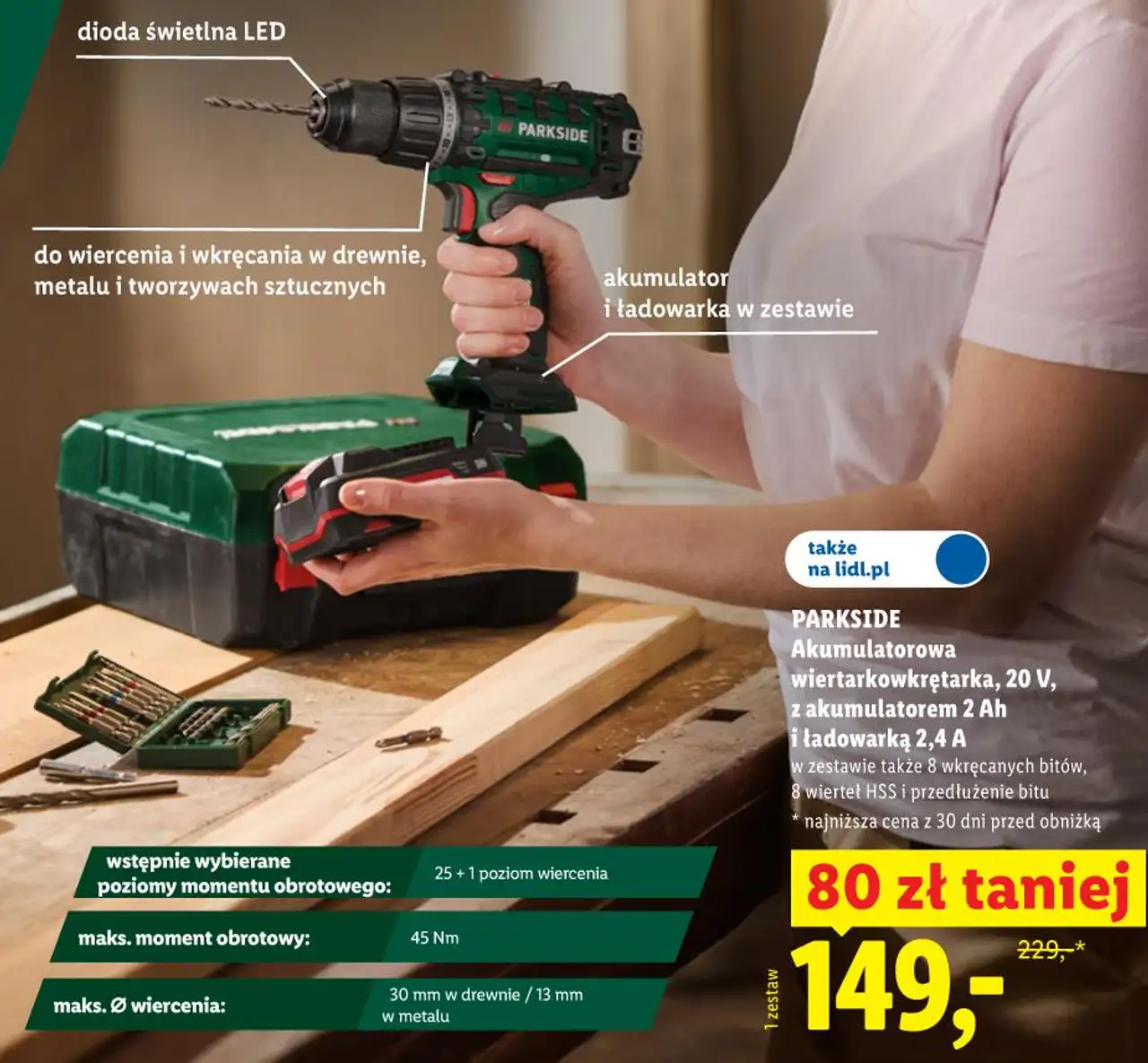 PARKSIDE Akumulatorowa wiertarkowkrętarka, 20 V, z akumulatorem 2 Ah i ładowarką 2,4 A