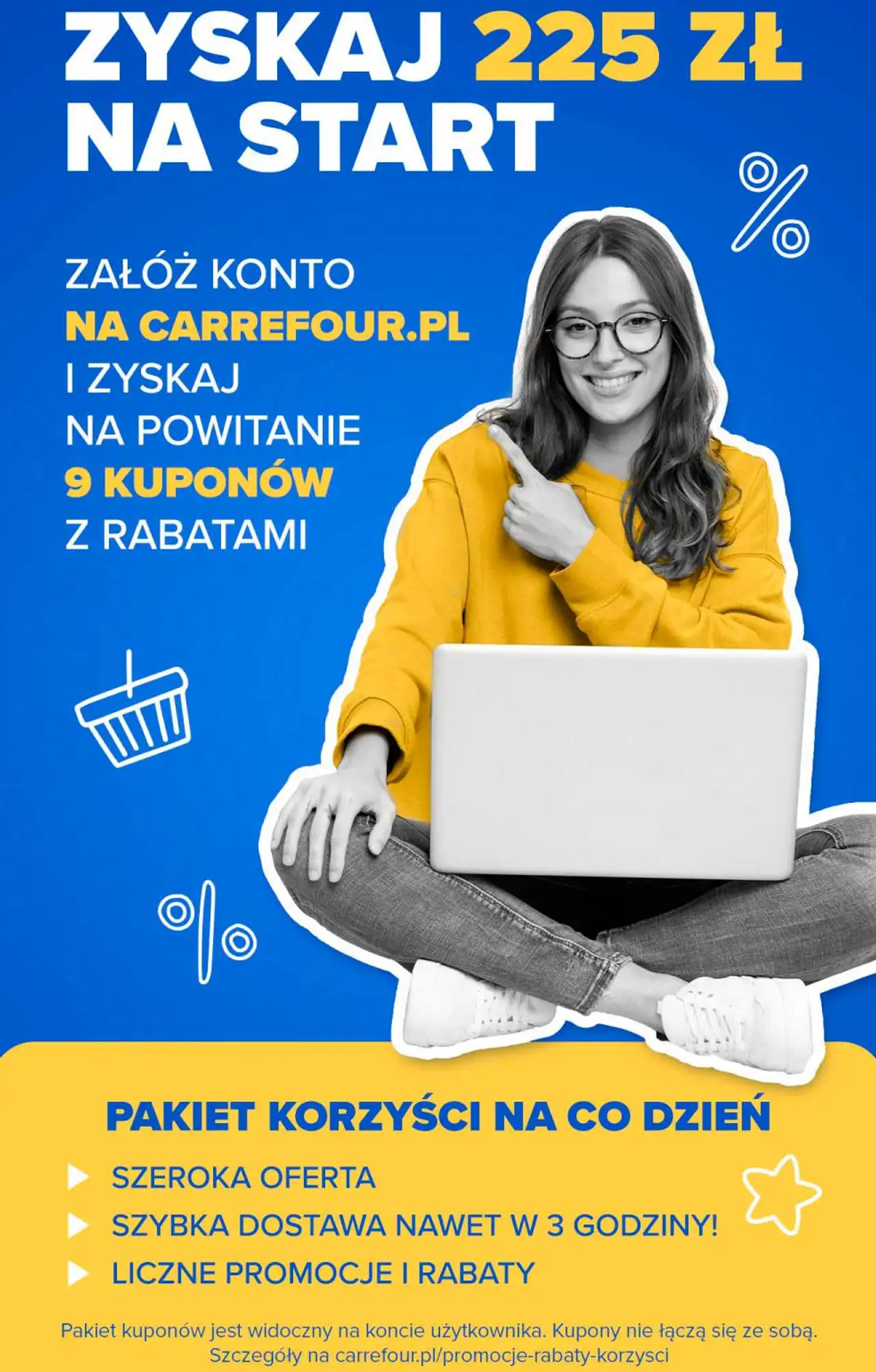Załóż konto na Carrefour.pl i zyskaj 225 zł na start (9 kuponów z rabatami)