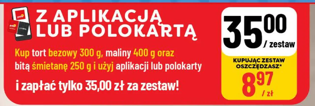 Zestaw: Tort bezowy 300 g, maliny 400 g oraz bita śmietana 250 g