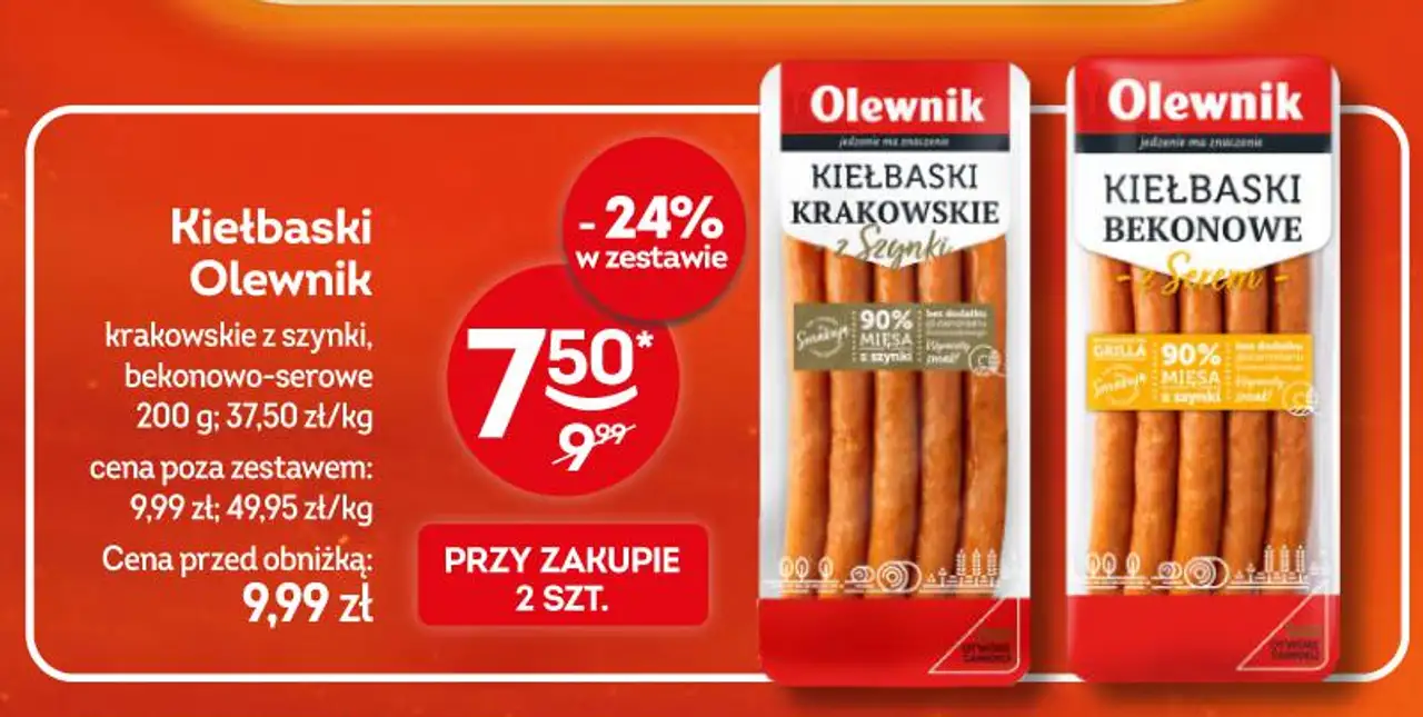 Kiełbaski Olewnik krakowskie z szynki, bekonowo-serowe