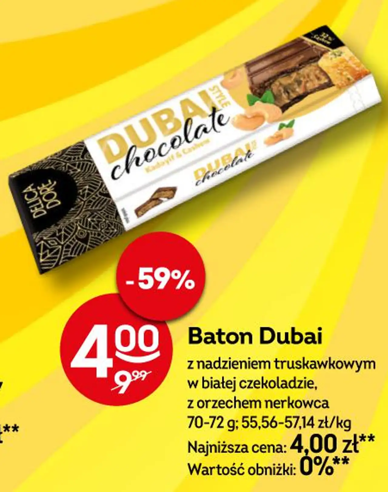 Baton Dubai z nadzieniem truskawkowym w białej czekoladzie, z orzechem nerkowca