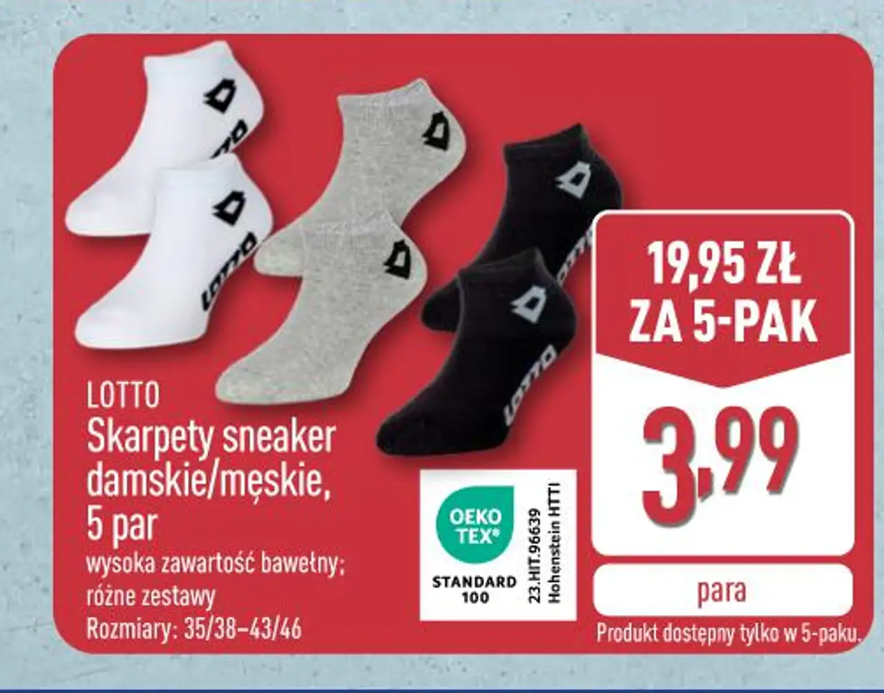 LOTTO Skarpety sneaker damskie/męskie, 5 par