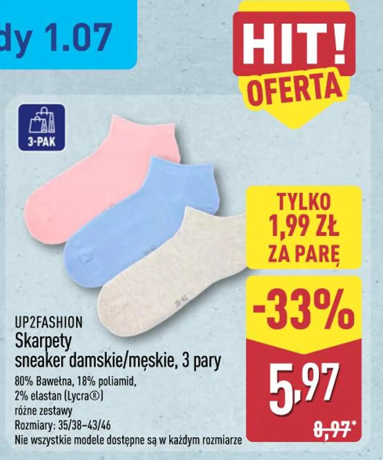 UP2FASHION Skarpety sneaker damskie/męskie, 3 pary