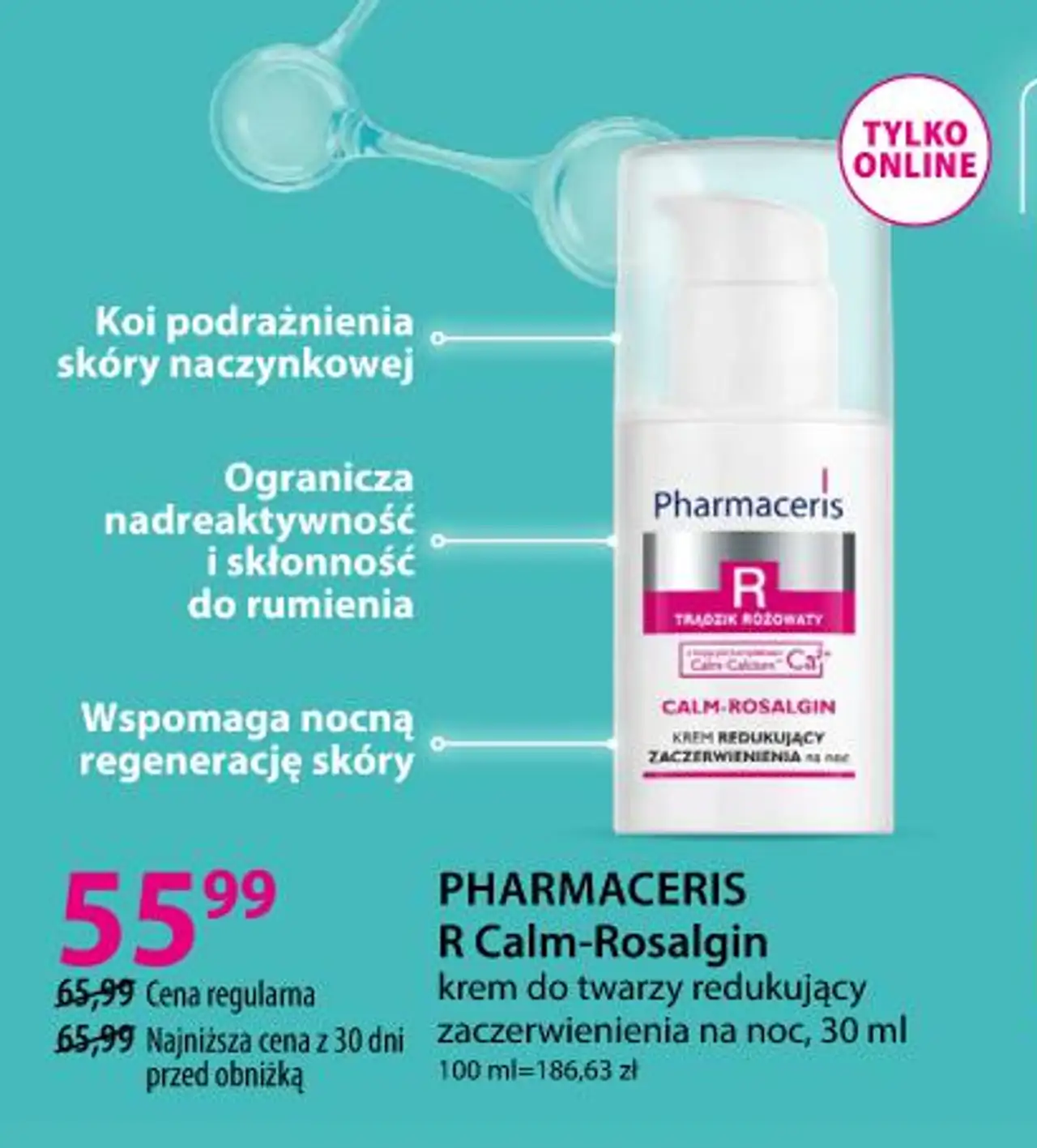PHARMACERIS R Calm-Rosalgin krem do twarzy redukujący zaczerwienienia na noc, 30 ml