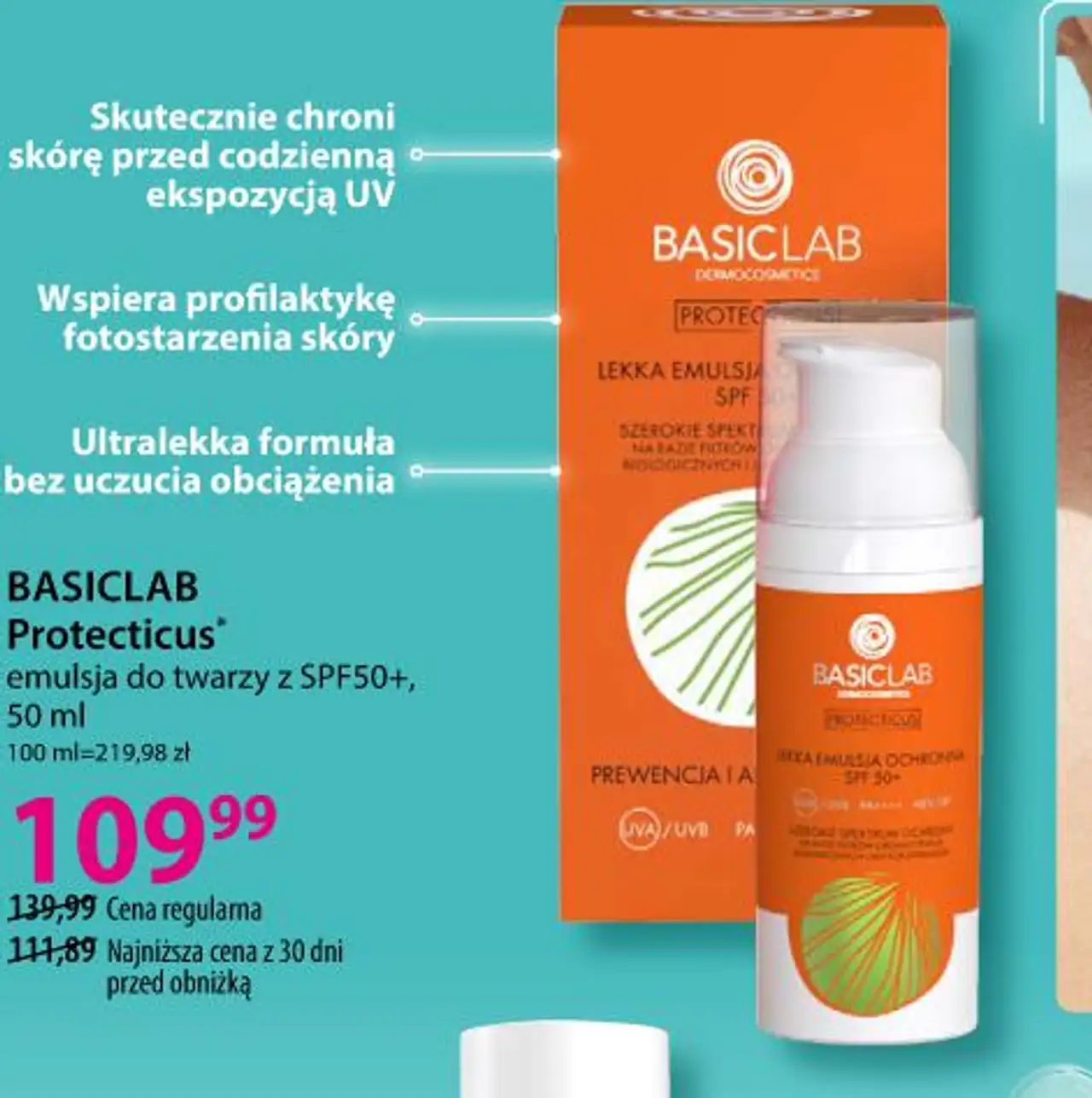BASICLAB Protecticus lekka emulsja do twarzy z SPF50+, 50 ml