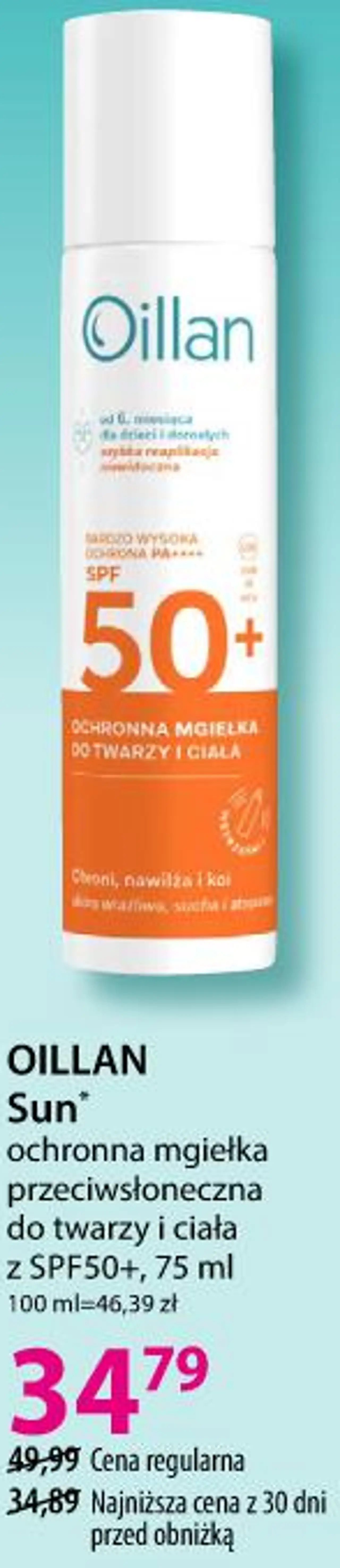 OILLAN Sun ochronna mgiełka przeciwsłoneczna do twarzy i ciała z SPF50+, 75 ml