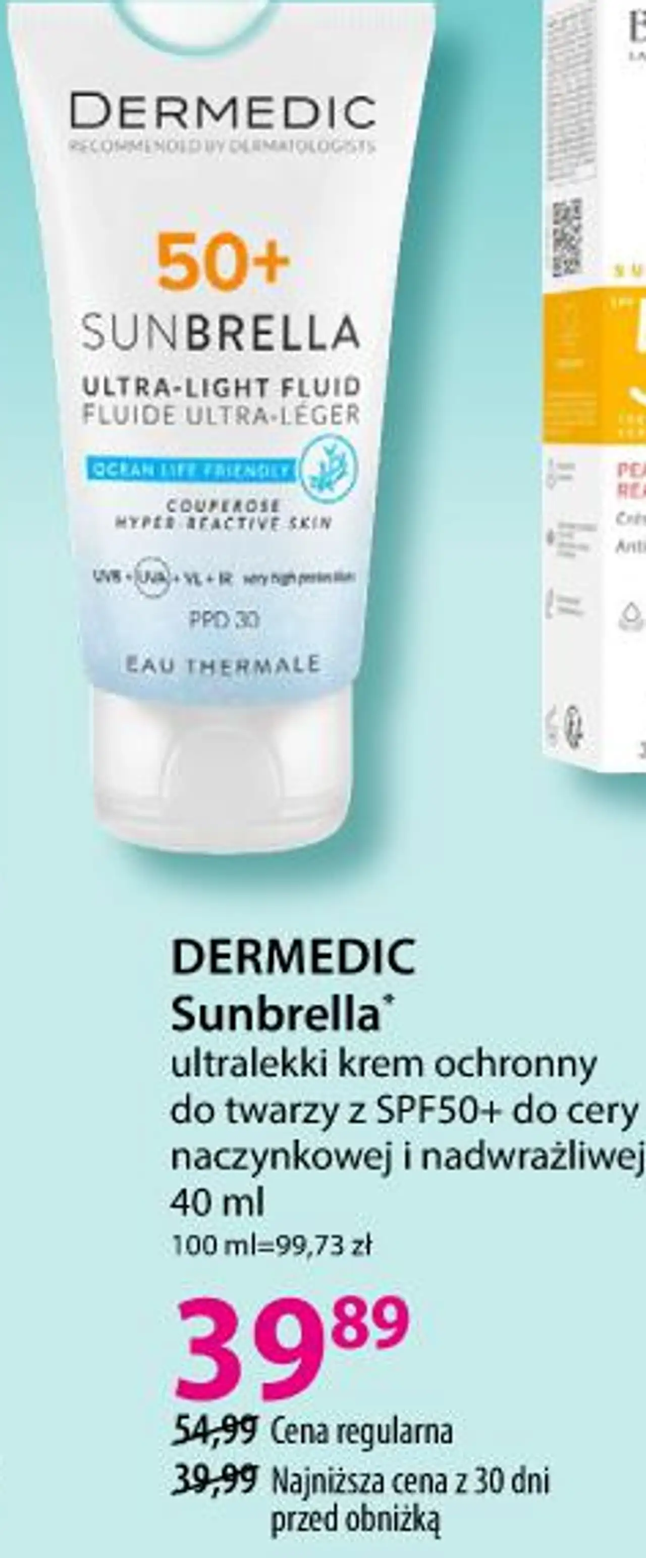 DERMEDIC Sunbrella ultralekki krem ochronny do twarzy z SPF50+ do cery naczynkowej i nadwrażliwej, 40 ml