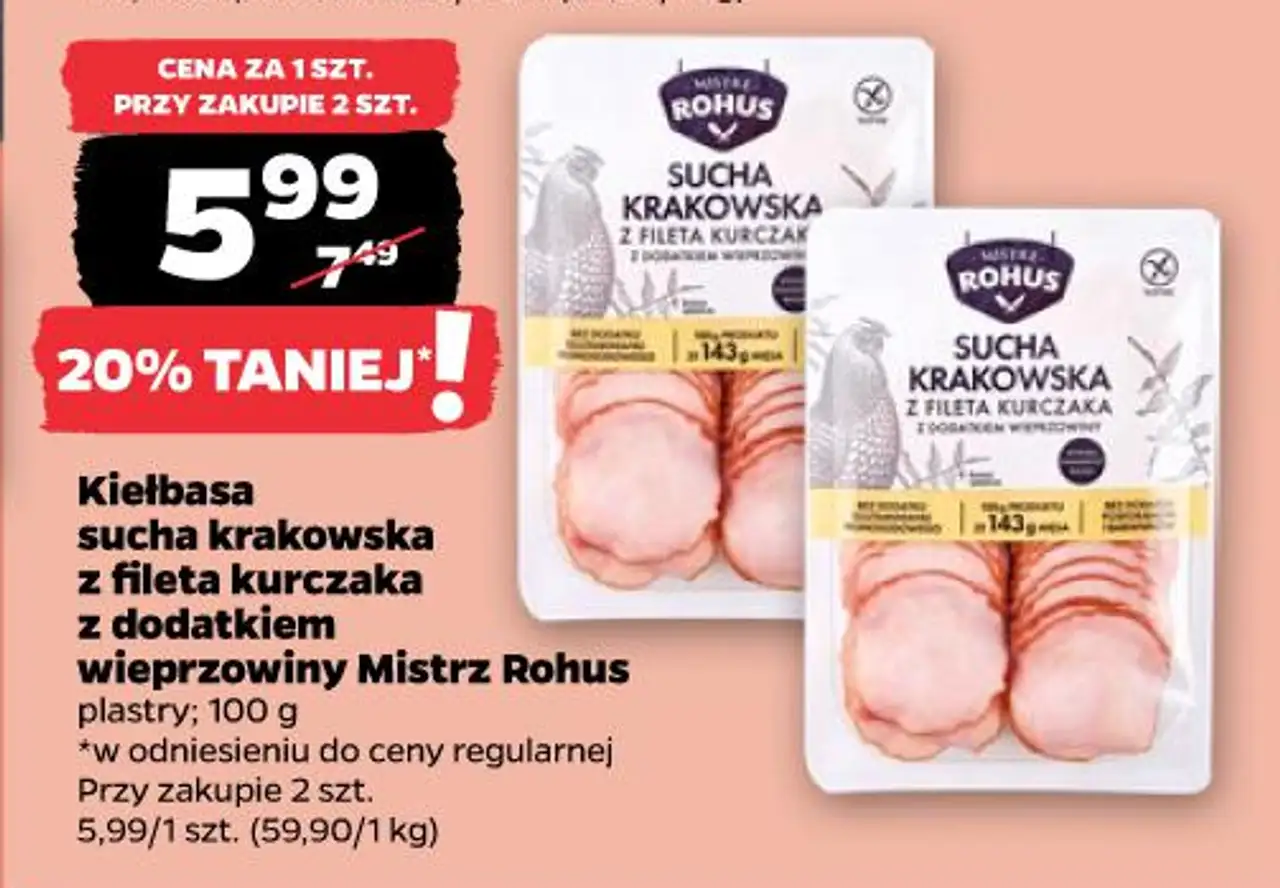 Kiełbasa sucha krakowska z fileta kurczaka z dodatkiem wieprzowiny Mistrz Rohus