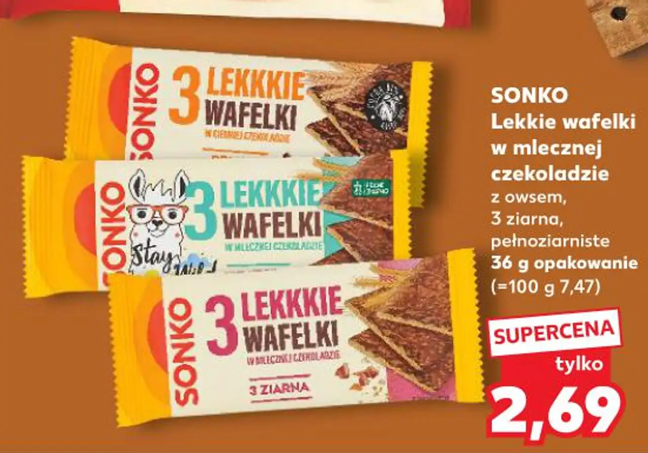 SONKO Lekkie wafelki w mlecznej czekoladzie z owsem, 3 ziarna, pełnoziarniste