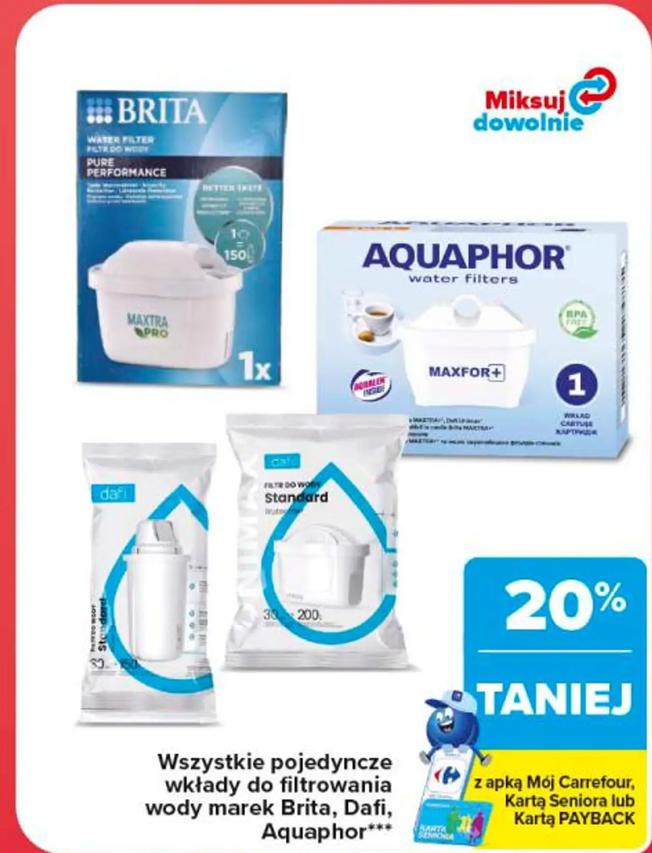 Wszystkie pojedyncze wkłady do filtrowania wody marek Brita, Dafi, Aquaphor