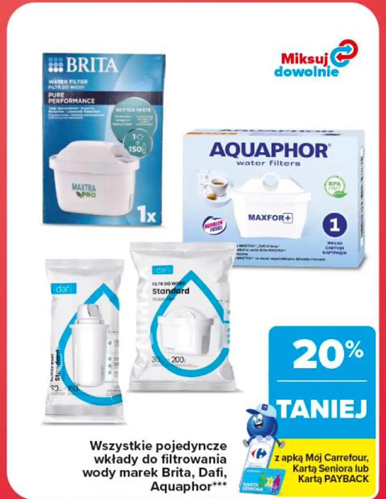 Wszystkie pojedyncze wkłady do filtrowania wody marek Brita, Dafi, Aquaphor