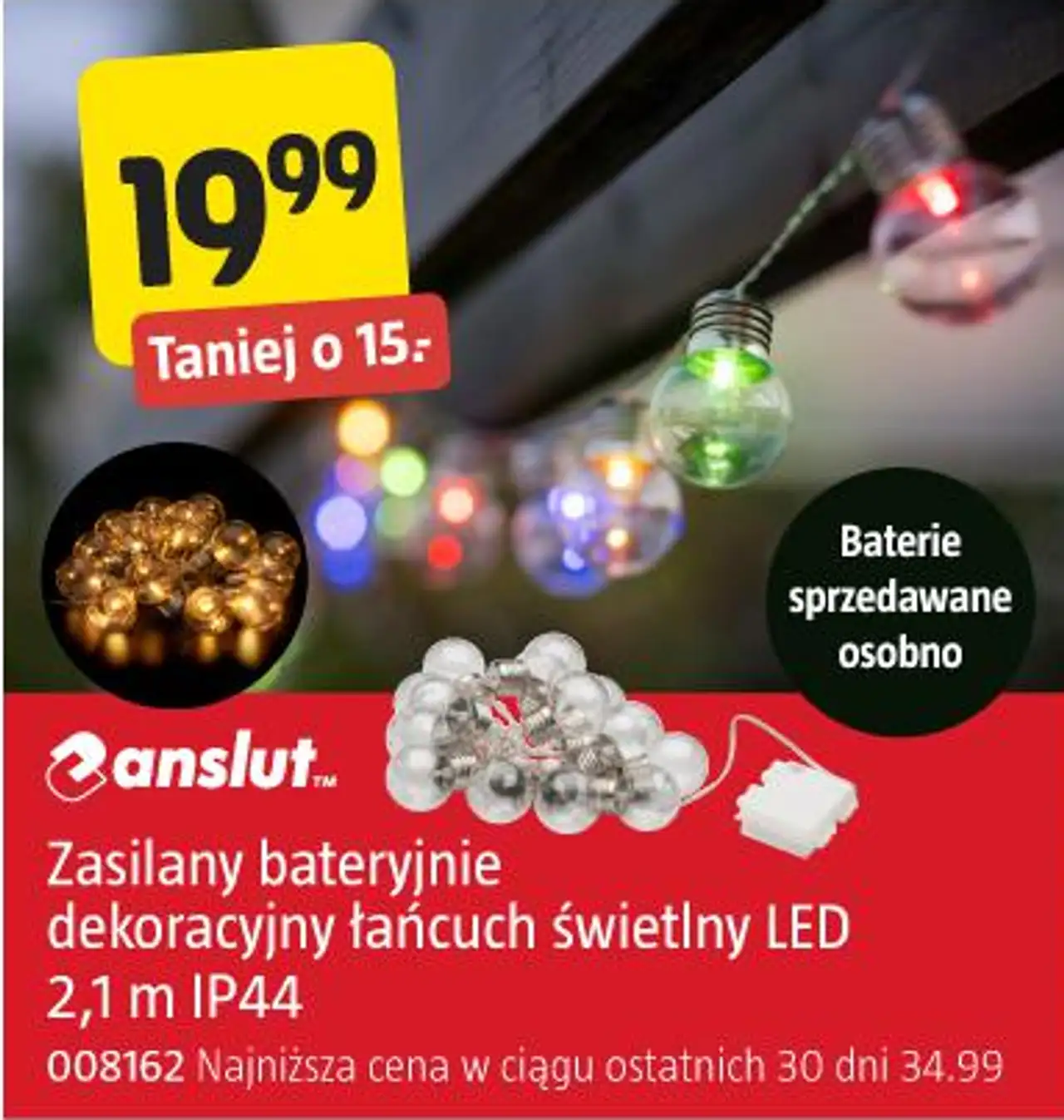 Zasilany bateryjnie dekoracyjny łańcuch świetlny LED Anslut 2,1 m IP44
