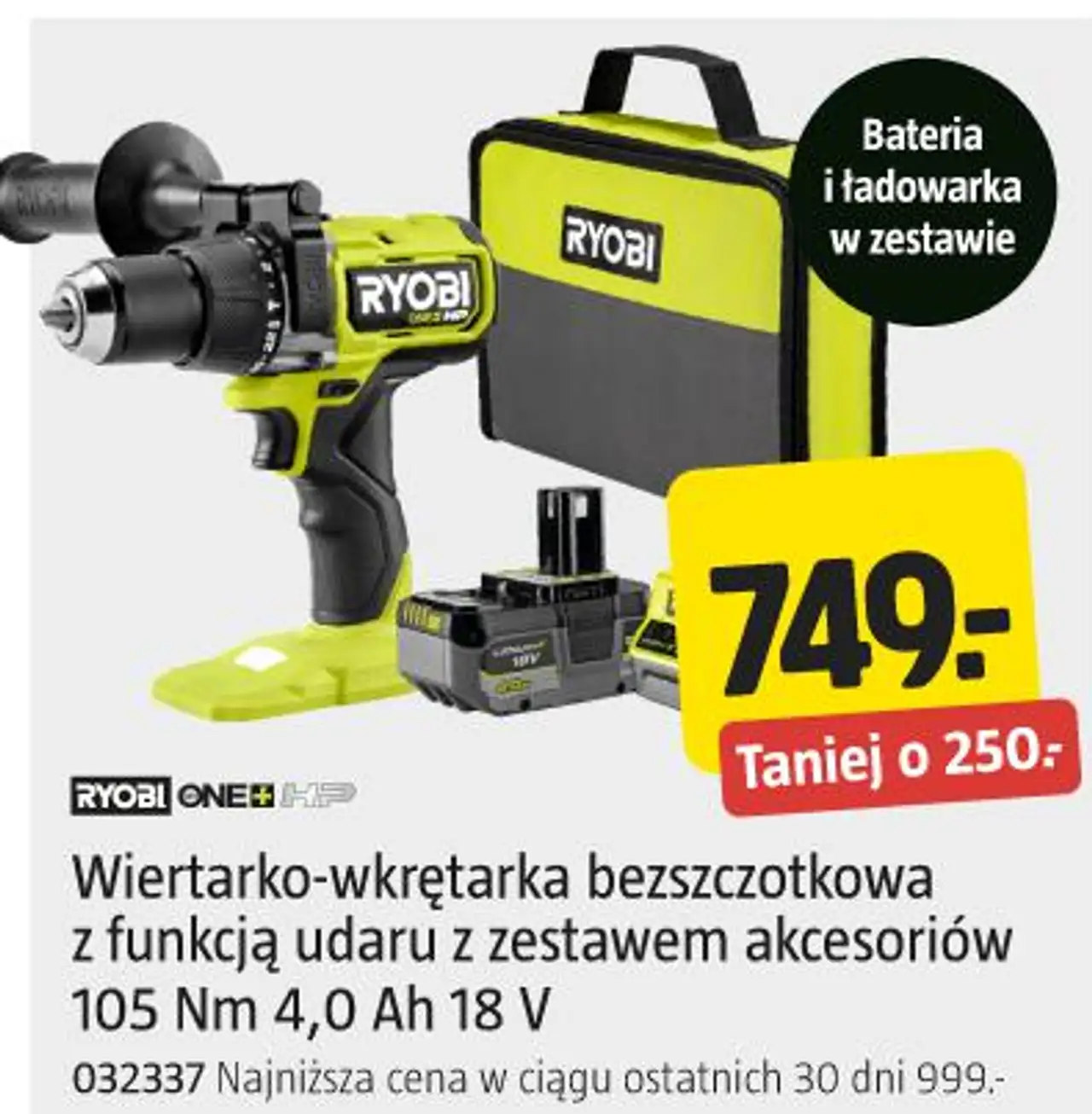 Wiertarko-wkrętarka bezszczotkowa Ryobi ONE+ HP z funkcją udaru z zestawem akcesoriów 105 Nm 4,0 Ah 18 V