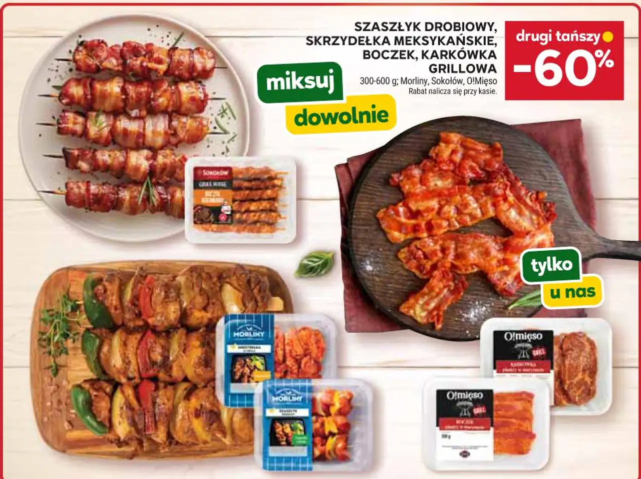 Szaszłyk drobiowy, skrzydełka meksykańskie, boczek, karkówka grillowa Morliny, Sokołów, O!Mięso