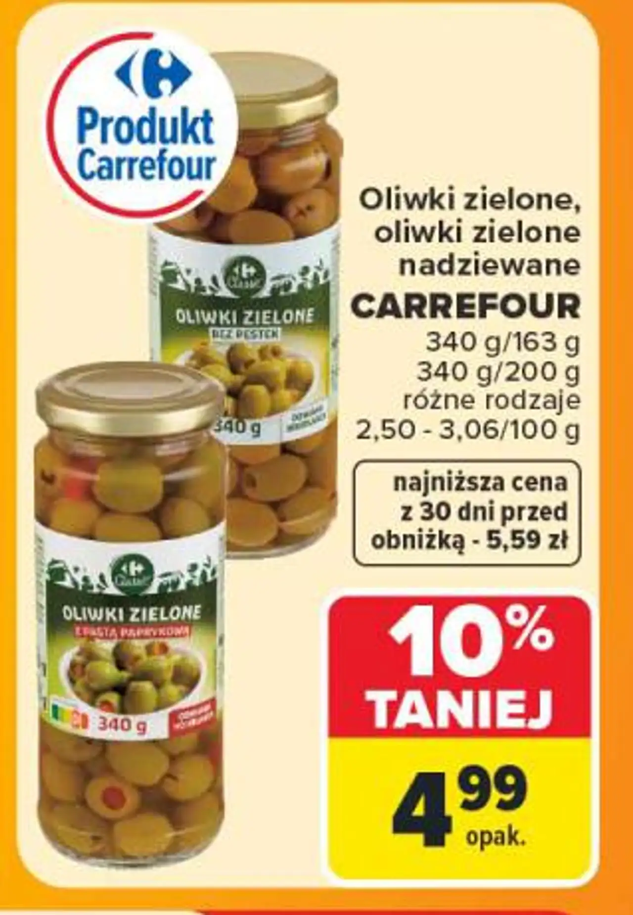 Oliwki zielone, oliwki zielone nadziewane CARREFOUR 340 g/163 g, 340 g/200 g
