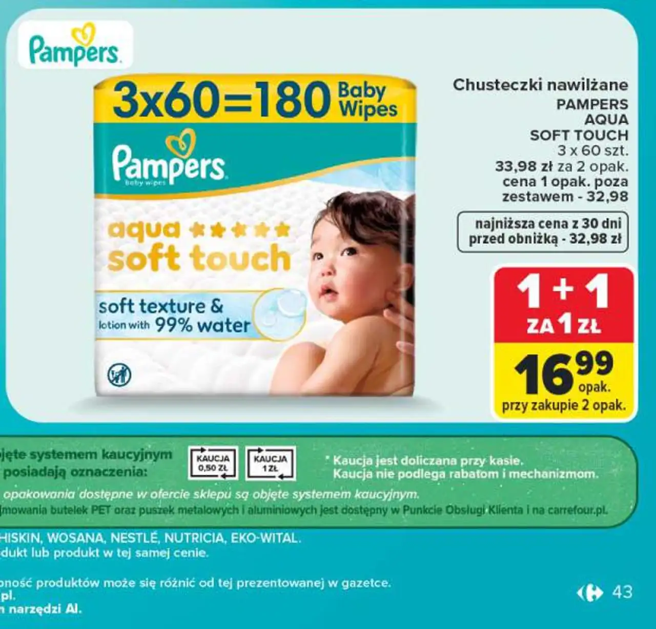Chusteczki nawilżane PAMPERS AQUA SOFT TOUCH 3 x 60 szt.
