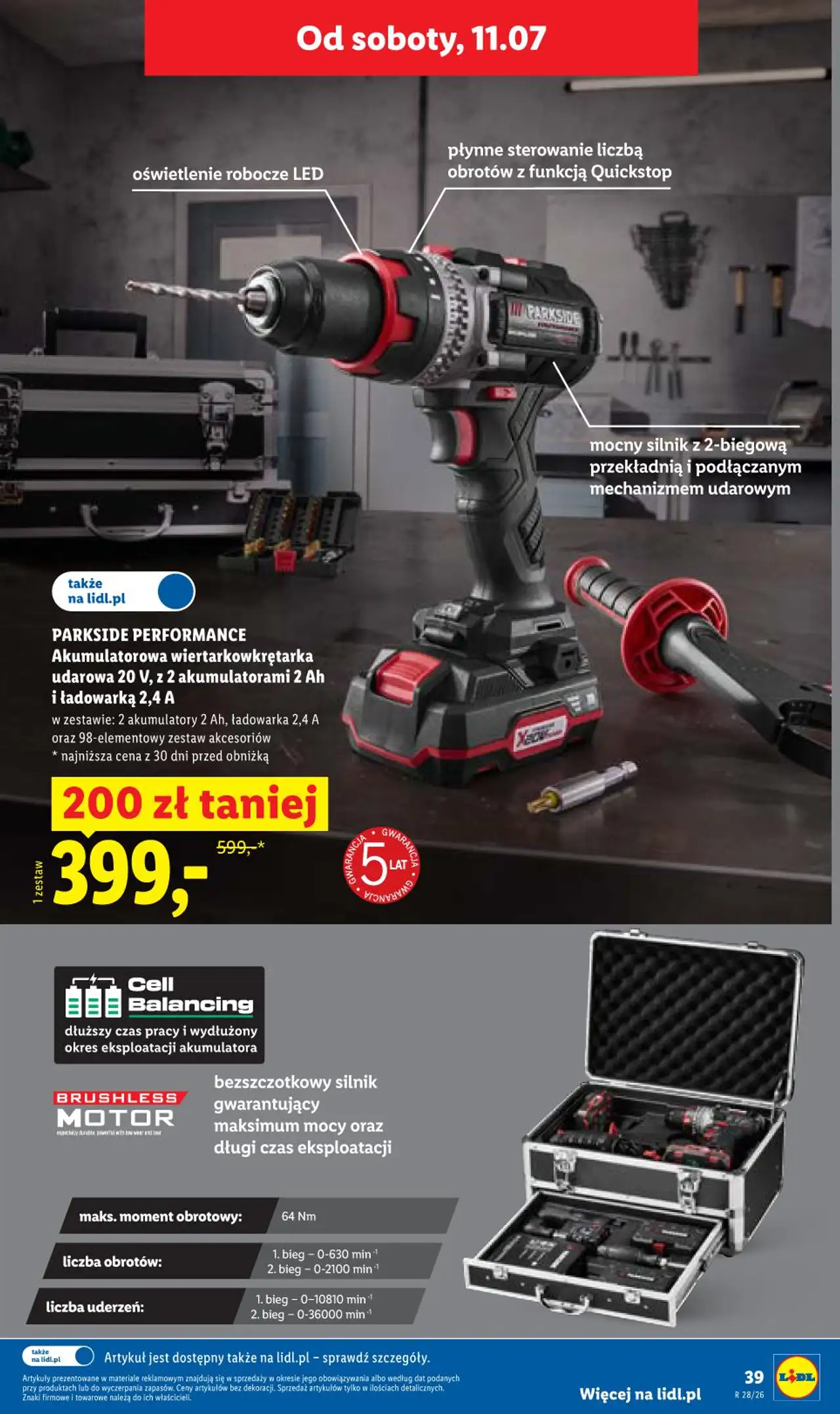 PARKSIDE PERFORMANCE Akumulatorowa wiertarkowkrętarka udarowa 20 V, z 2 akumulatorami 2 Ah i ładowarką 2,4 A