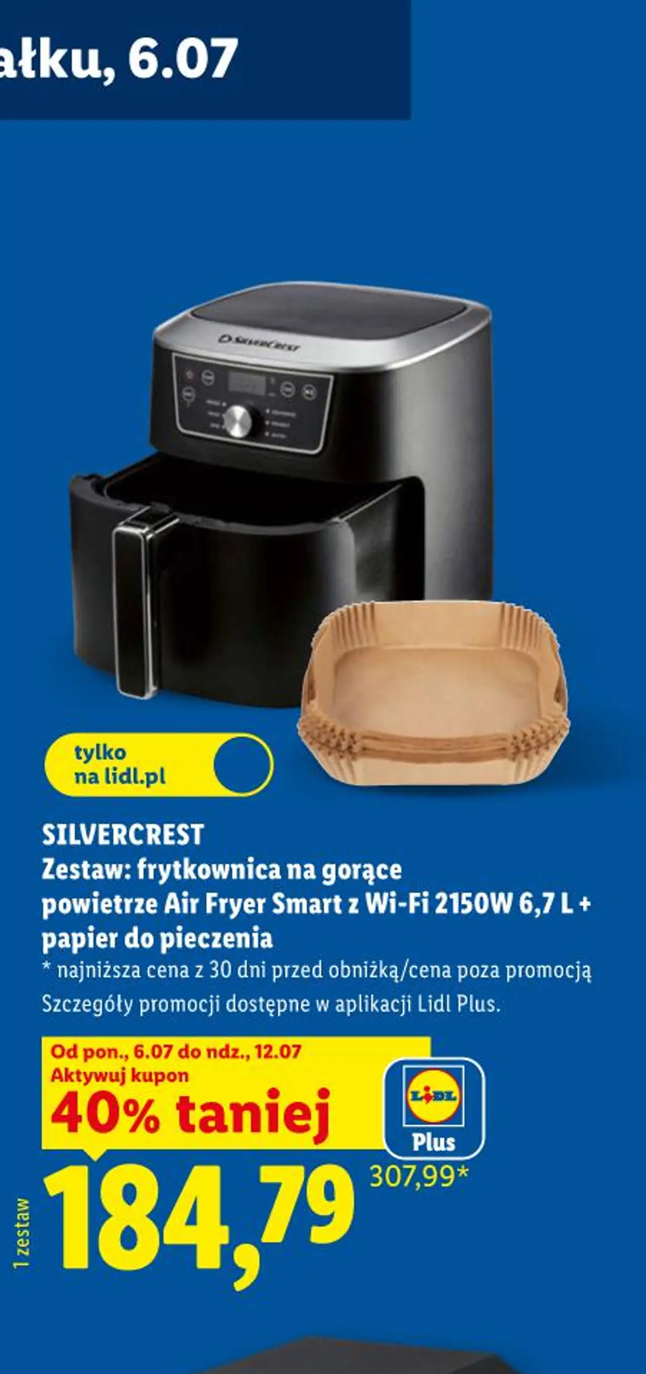 SILVERCREST Zestaw: frytkownica na gorące powietrze Air Fryer Smart z Wi-Fi 2150W 6,7 L + papier do pieczenia