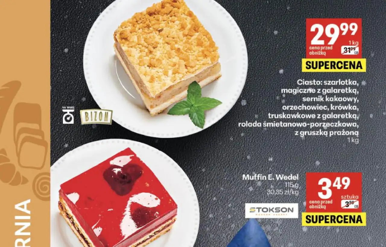 Ciasto: szarlotka, magiczne z galaretką, sernik kakaowy, orzechowiec, krówka, truskawkowe z galaretką, rolada śmietanowo-porzeczkowa, z gruszką prażoną