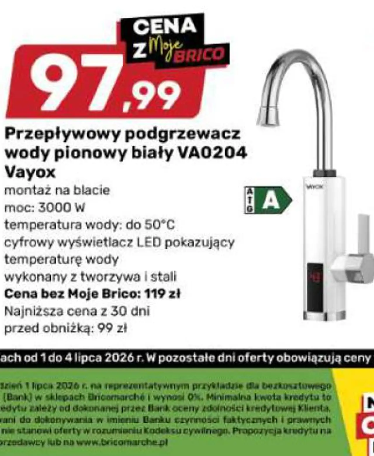 Przepływowy podgrzewacz wody pionowy biały VA0204 Vayox