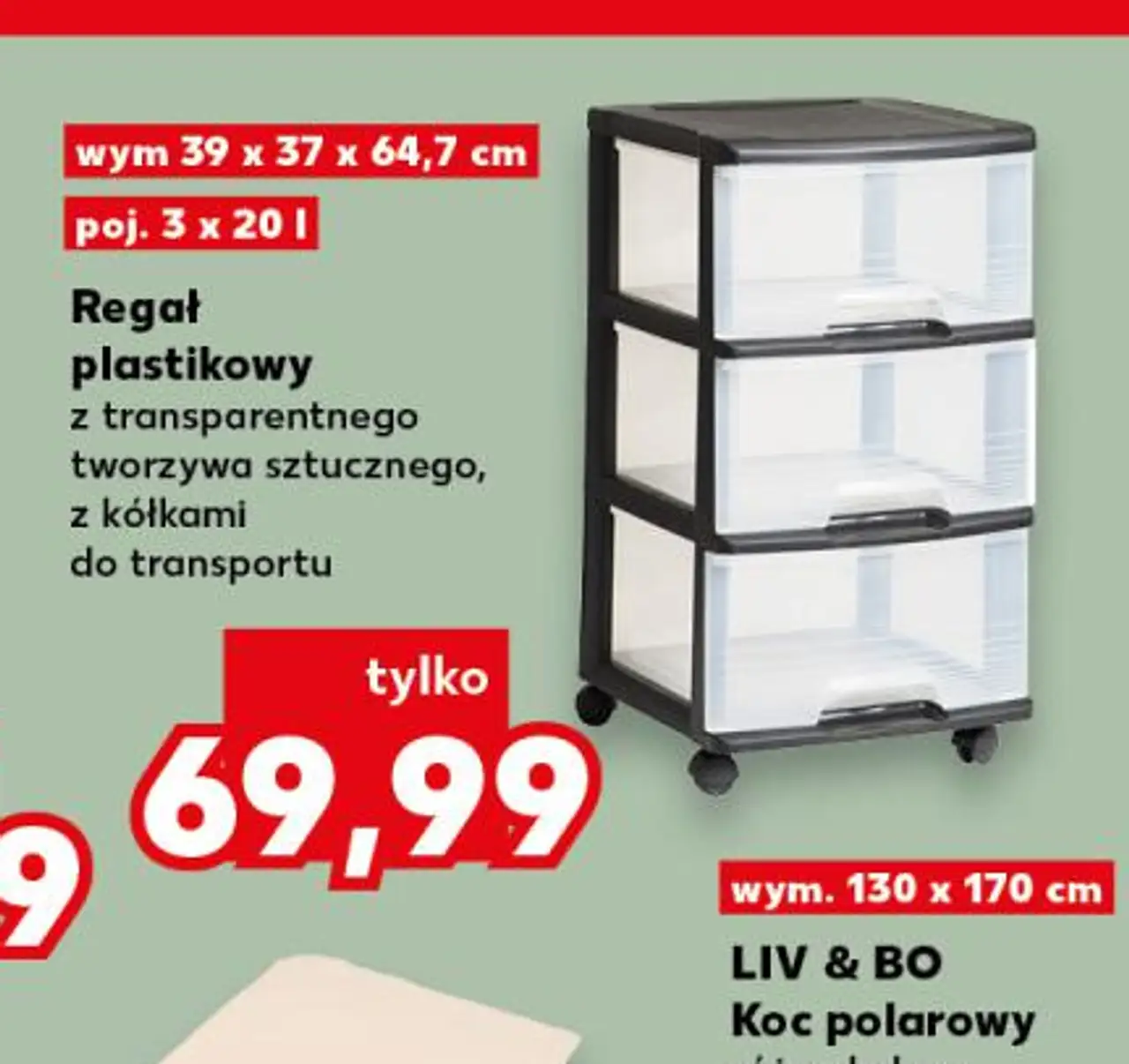 Regał plastikowy z transparentnego tworzywa sztucznego, z kółkami