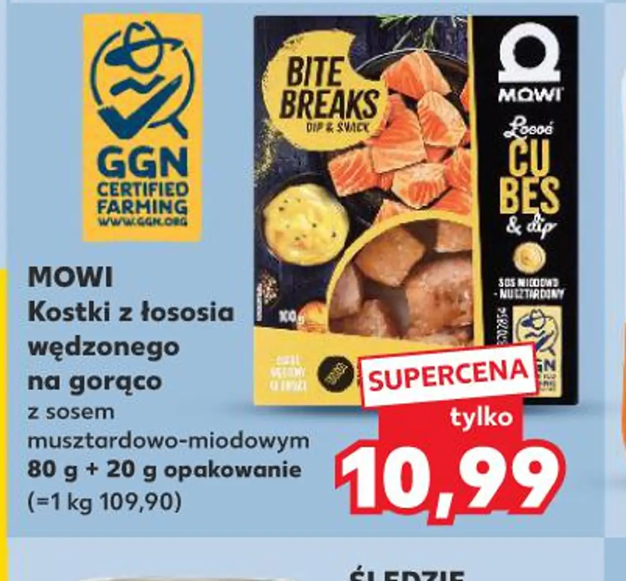 MOWI Kostki z łososia wędzonego na gorąco z sosem musztardowo-miodowym