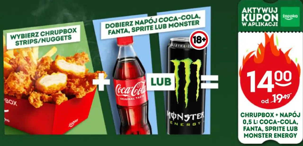 CHRUPBOX + NAPÓJ 0,5 L: COCA-COLA, FANTA, SPRITE LUB MONSTER ENERGY