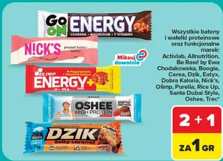 product - Wszystkie batony i wafelki proteinowe oraz funkcjonalne marek: Activlab, Allnutrition, Be Raw! by Ewa Chodakowska, Boogie, Cerea, Dzik, Eatyx, Dobra Kaloria, Nick's, Olimp, Purella, Rice Up, Sante Dubai Style, Oshee, Trec - Carrefour Market