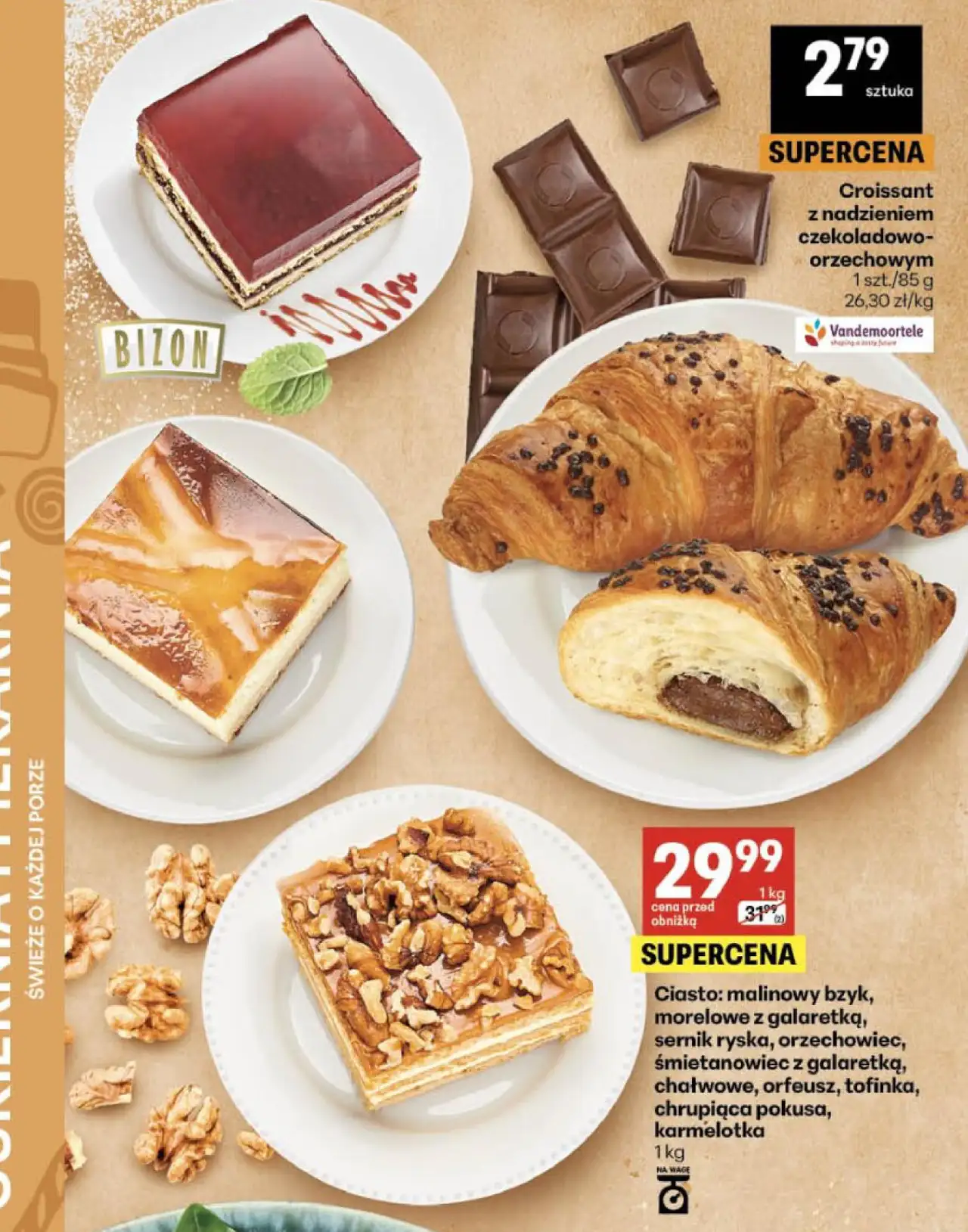 Ciasto: malinowy bzyk, morelowe z galaretką, sernik ryska, orzechowiec, śmietanowiec z galaretką, chałwowe, orfeusz, tofinka, chrupiąca pokusa, karmelotka