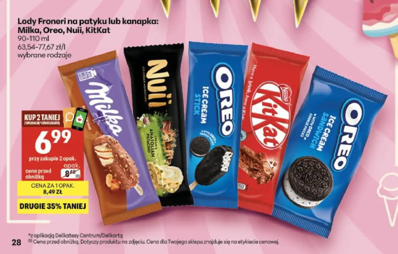 Lody Froneri na patyku lub kanapka: Milka, Oreo, Nuii, KitKat