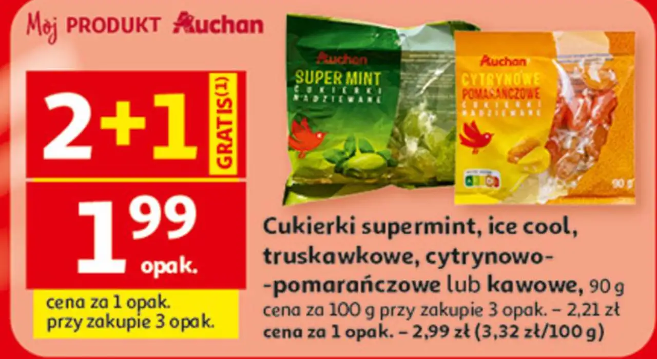 Cukierki supermint, ice cool, truskawkowe, cytrynowo-pomarańczowe lub kawowe Auchan