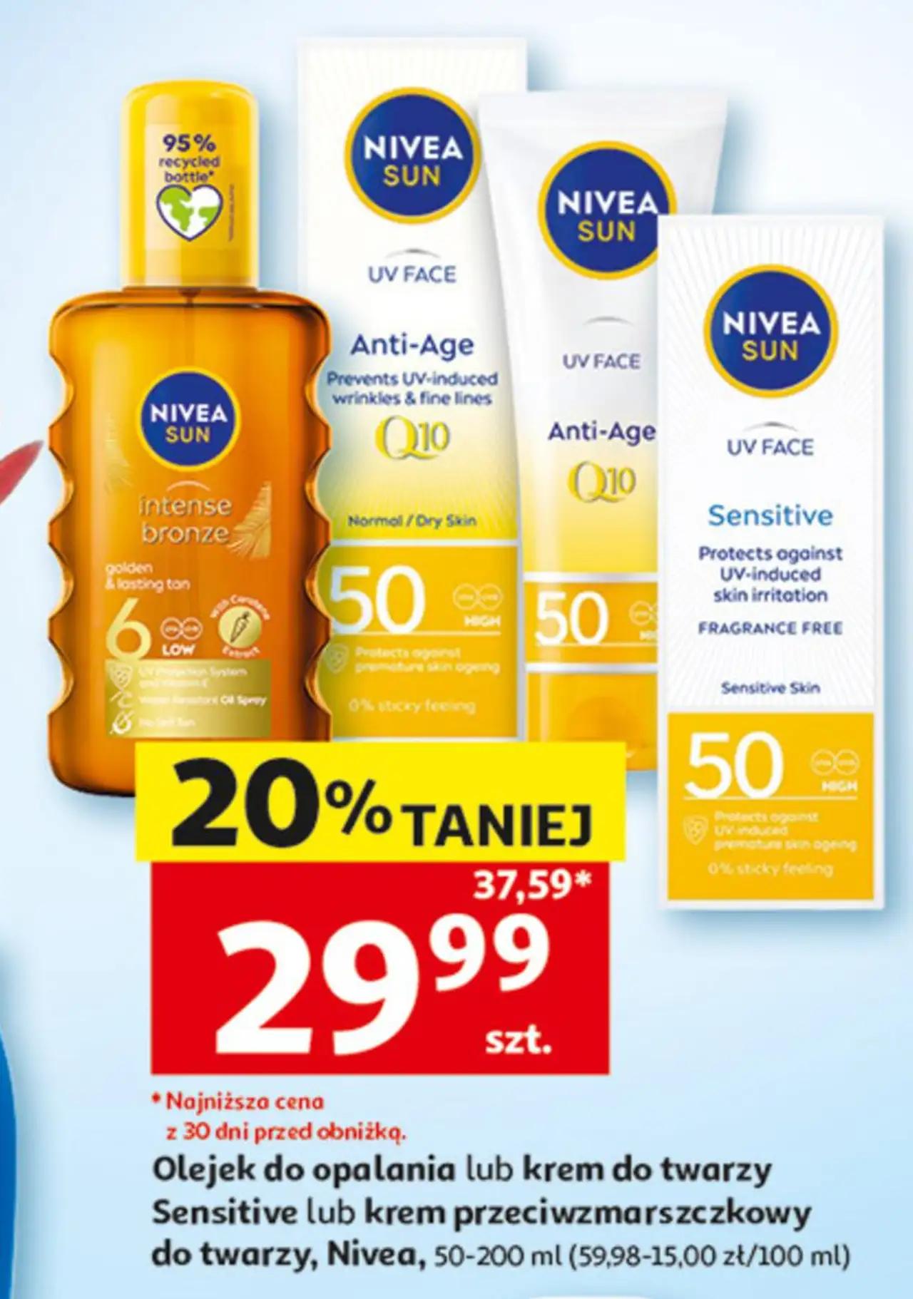 Olejek do opalania lub krem do twarzy Sensitive lub krem przeciwzmarszczkowy do twarzy, Nivea