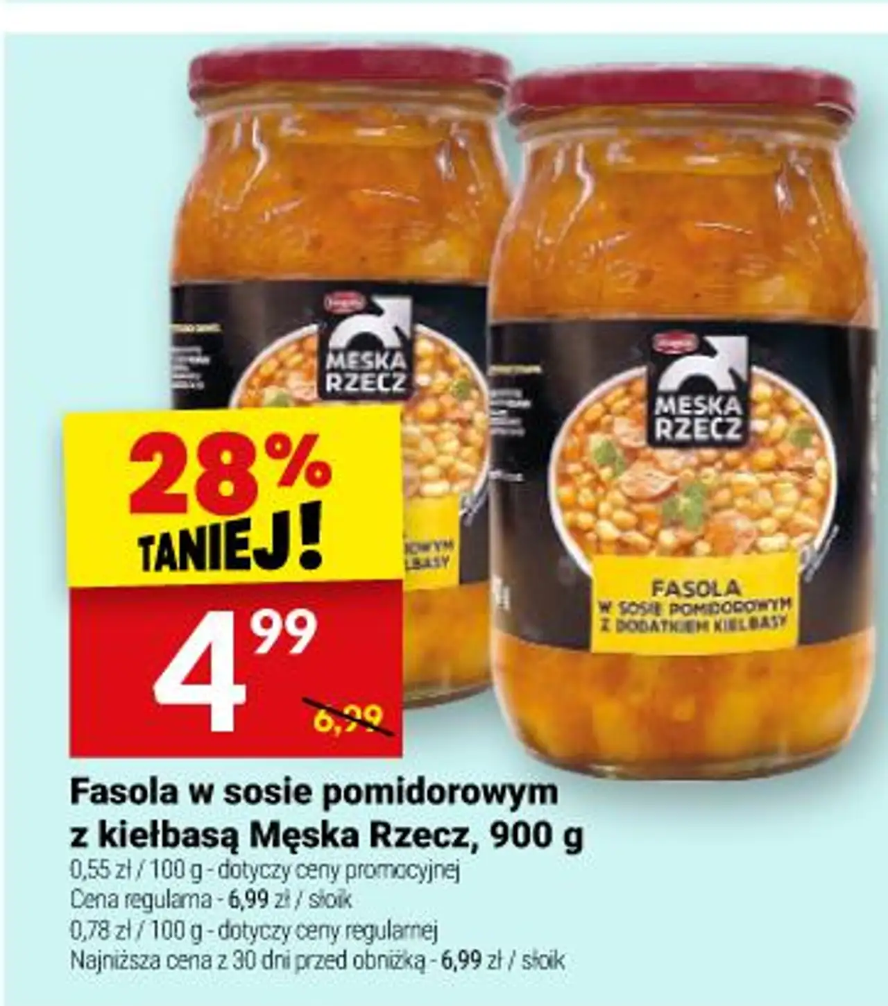 Fasola w sosie pomidorowym z kiełbasą Męska Rzecz, 900 g