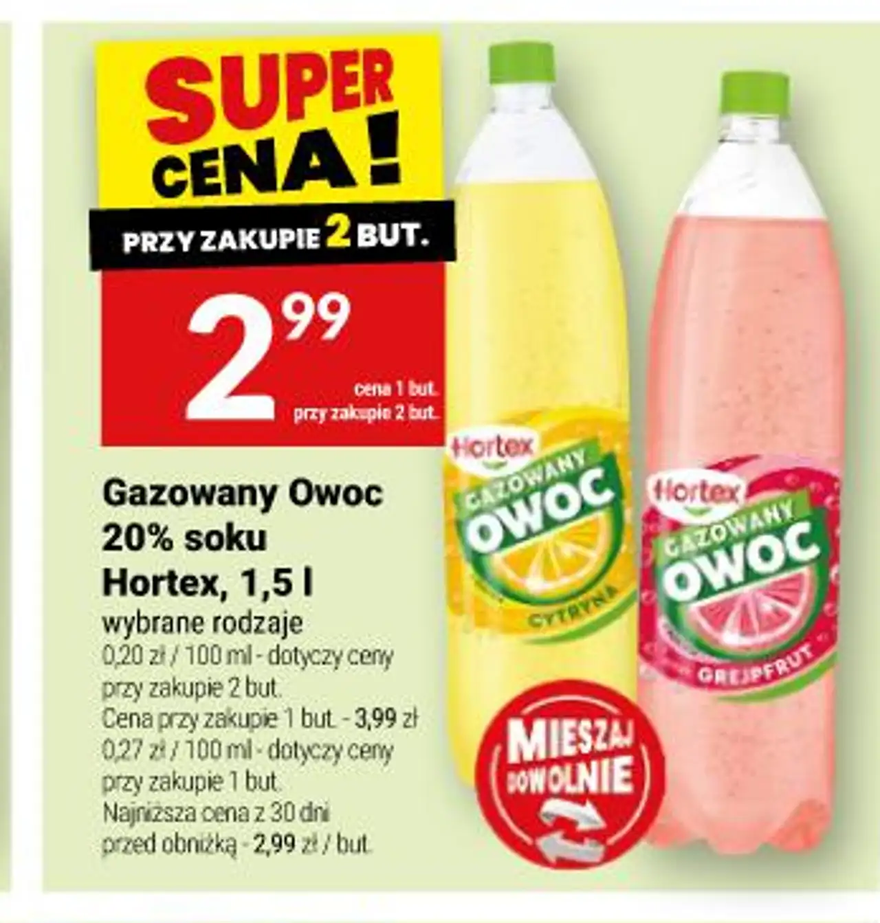 Gazowany Owoc 20% soku Hortex, 1,5 l