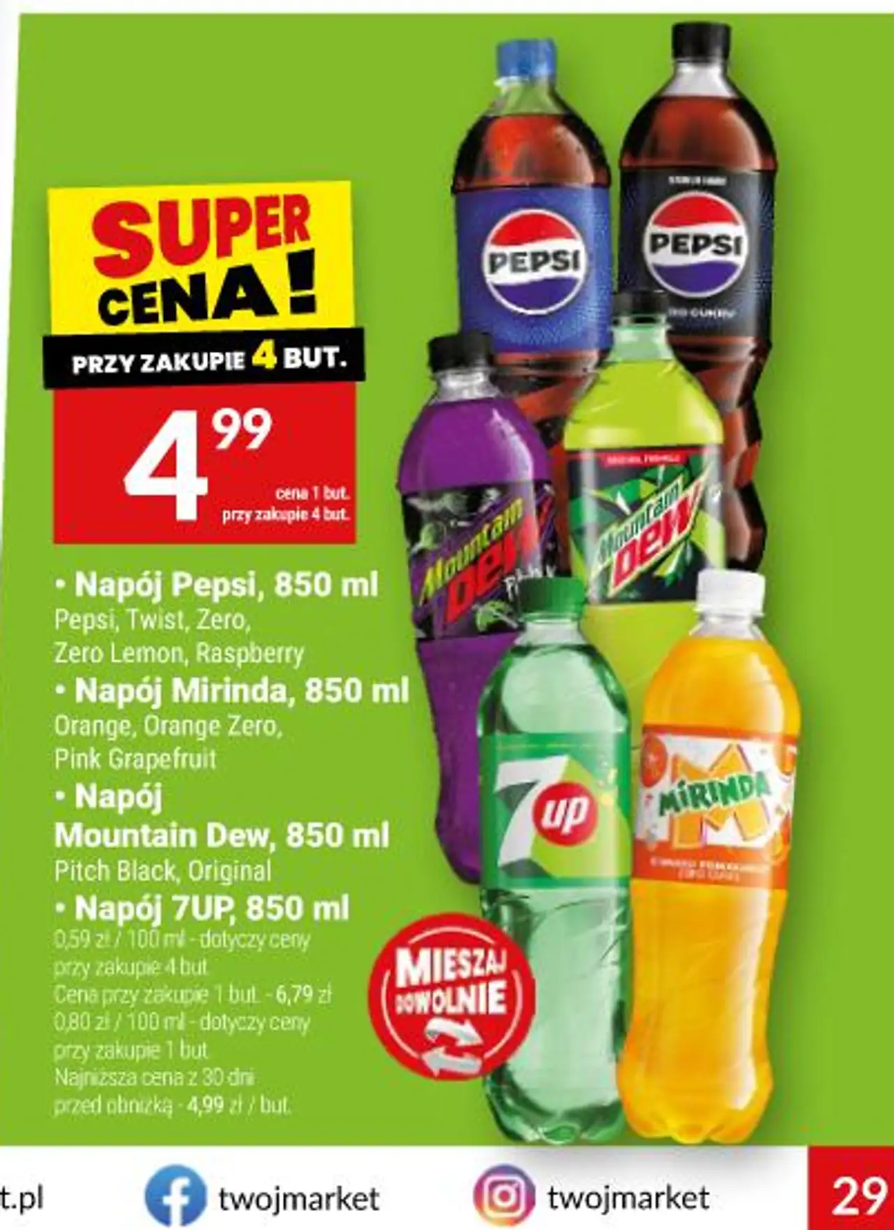 Napój Pepsi / Mirinda / Mountain Dew / 7UP, 850 ml