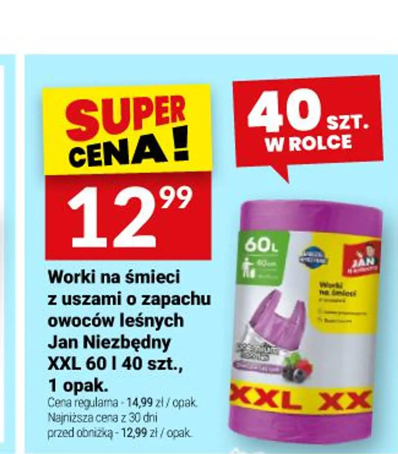 Worki na śmieci z uszami o zapachu owoców leśnych Jan Niezbędny XXL 60 l 40 szt.