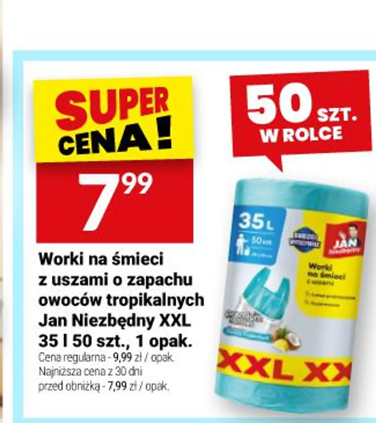 Worki na śmieci z uszami o zapachu owoców tropikalnych Jan Niezbędny XXL 35 l 50 szt.