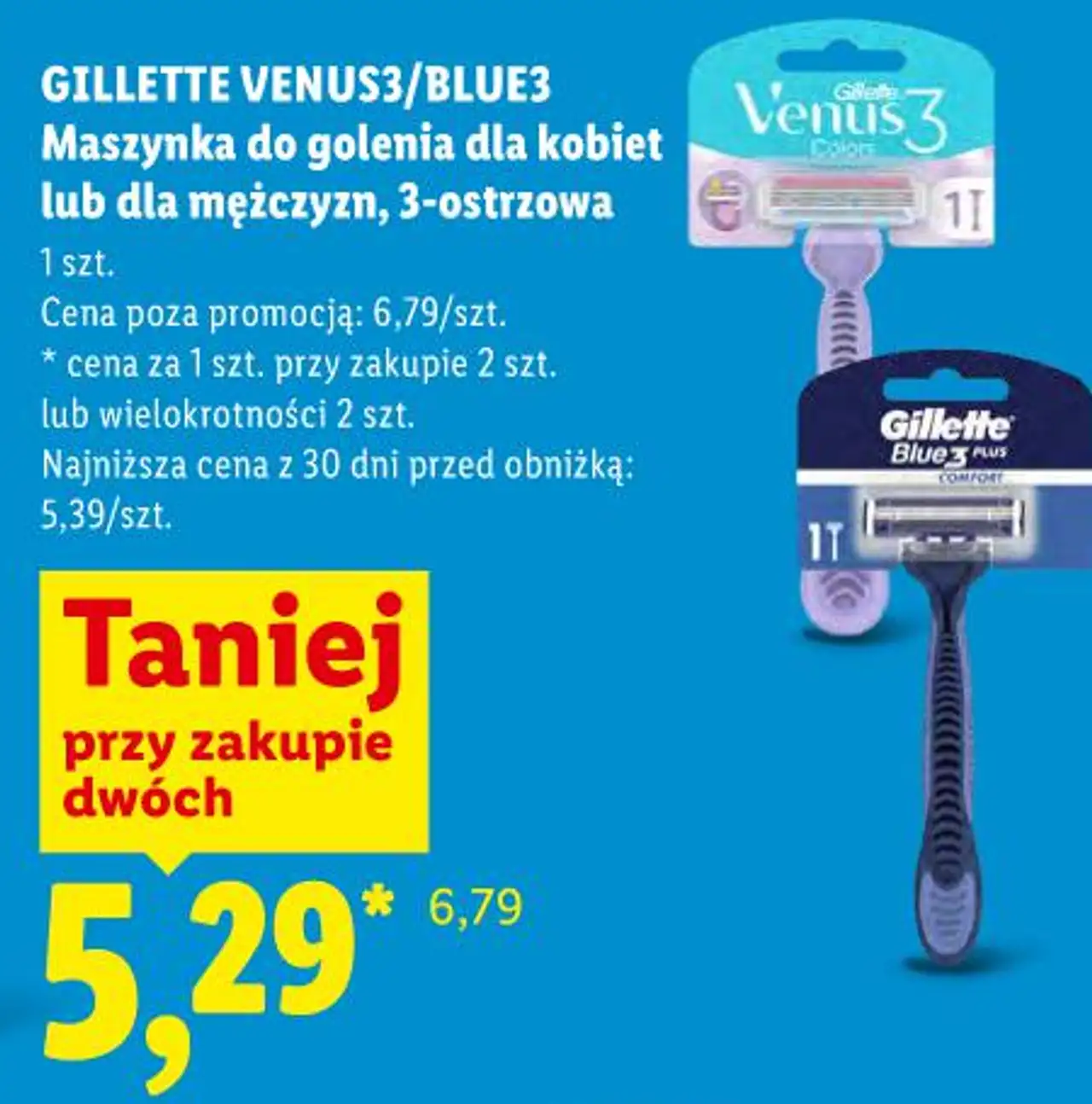 Maszynka do golenia dla kobiet lub dla mężczyzn, 3-ostrzowa Gillette Venus3/Blue3