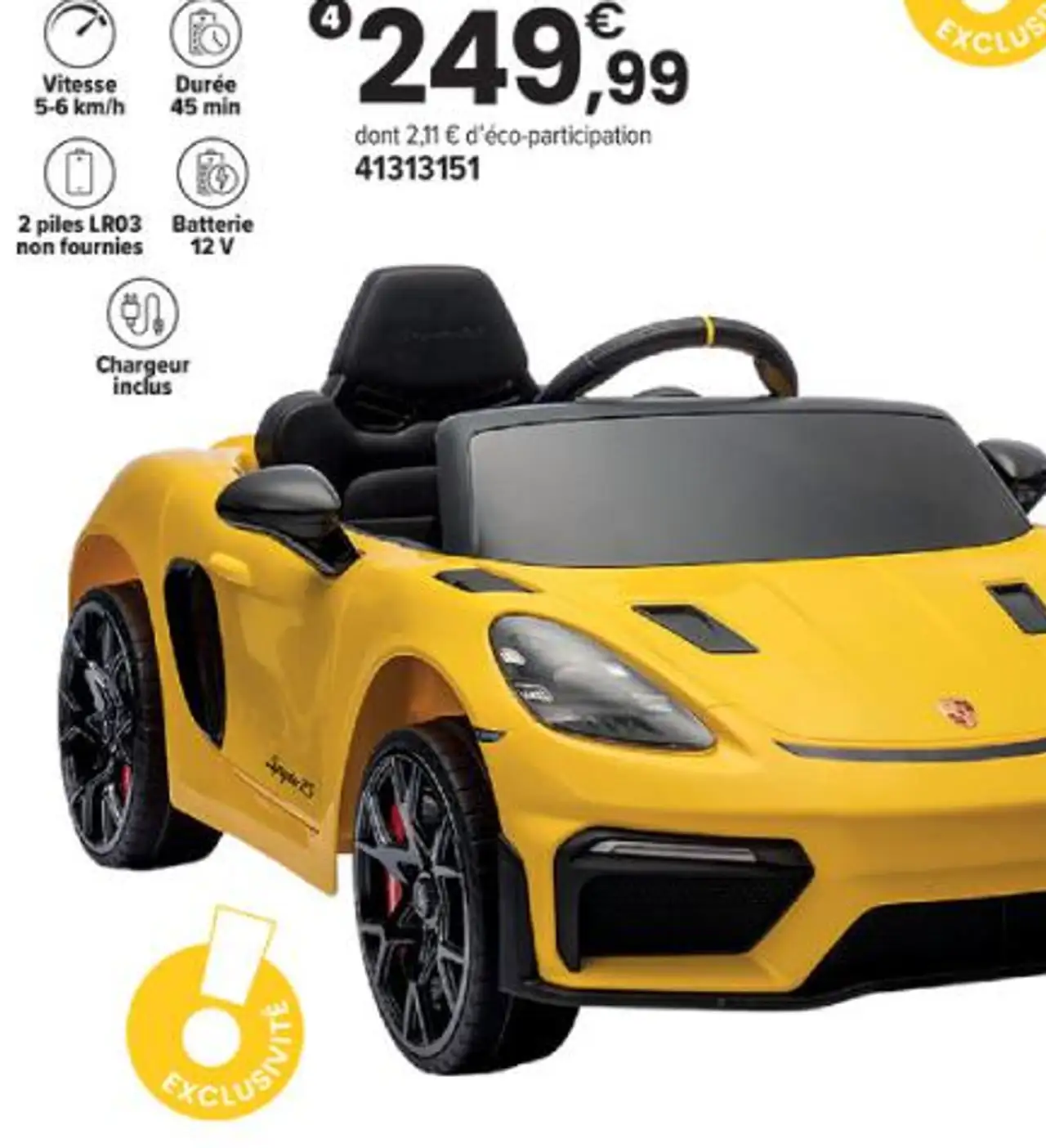 VOITURE ÉLECTRIQUE PORSCHE SPYDER 12 V LITHIUM JAUNE | 3 ans