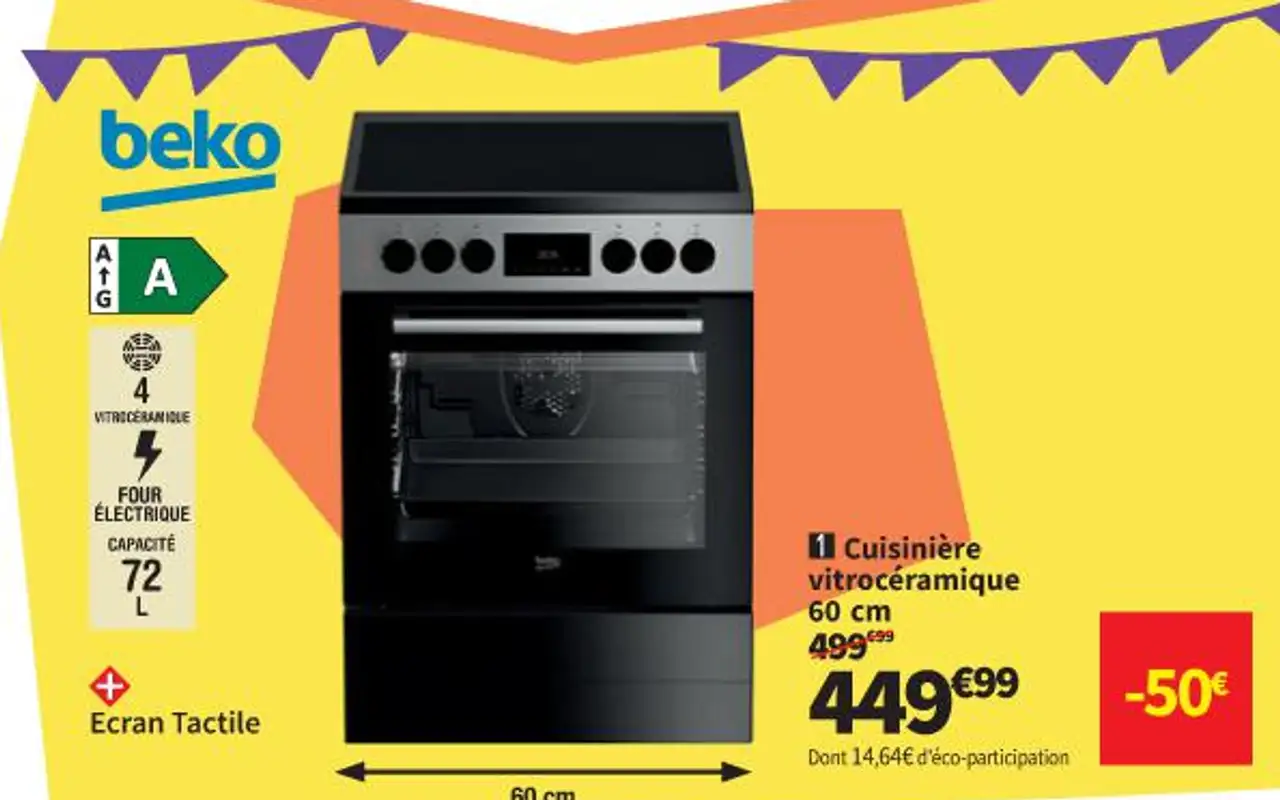 Cuisinière vitrocéramique 60 cm beko