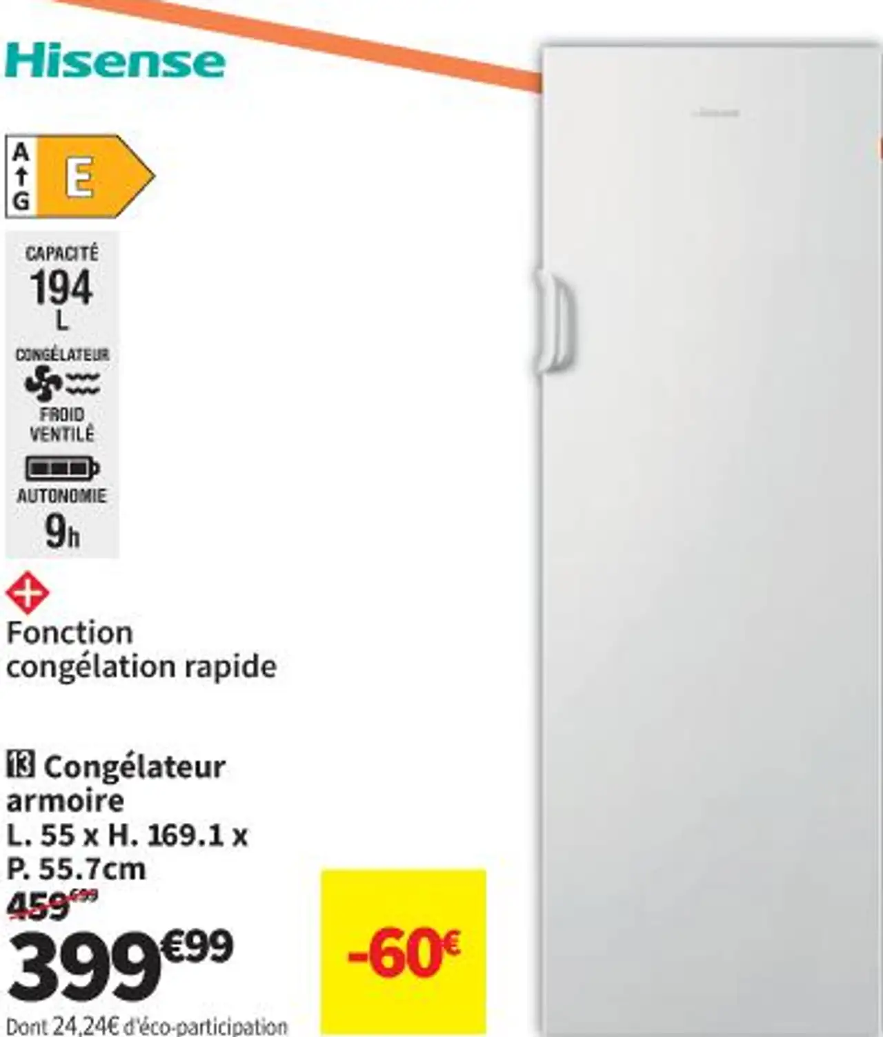 Congélateur armoire L. 55 x H. 169.1 x P. 55.7cm hisense